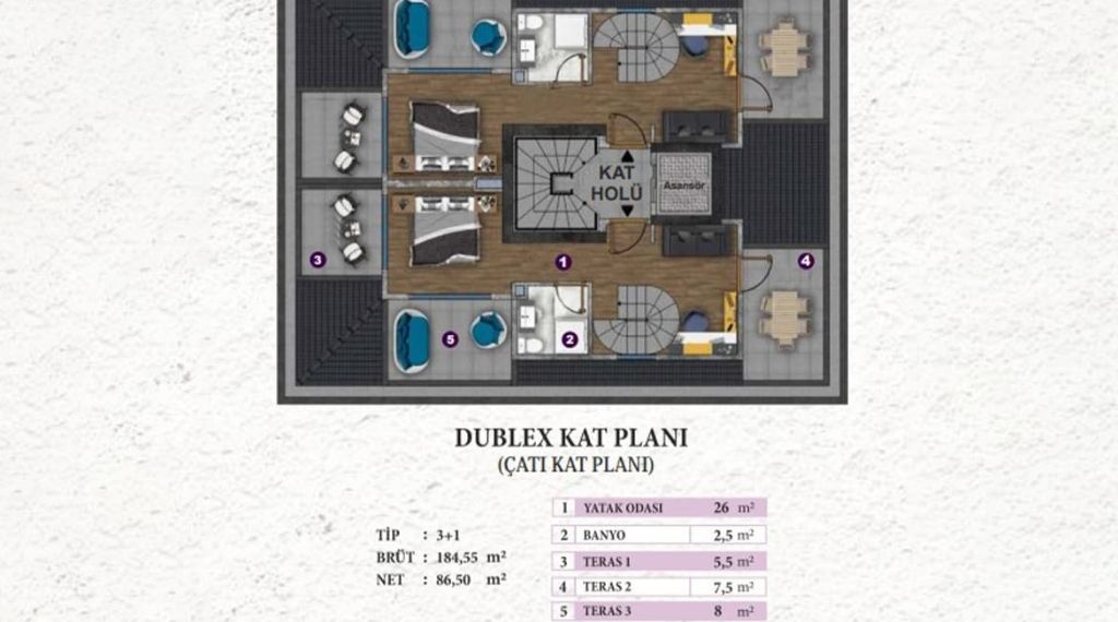 Çınar Residence 3+1 Dubleks Kat Planları