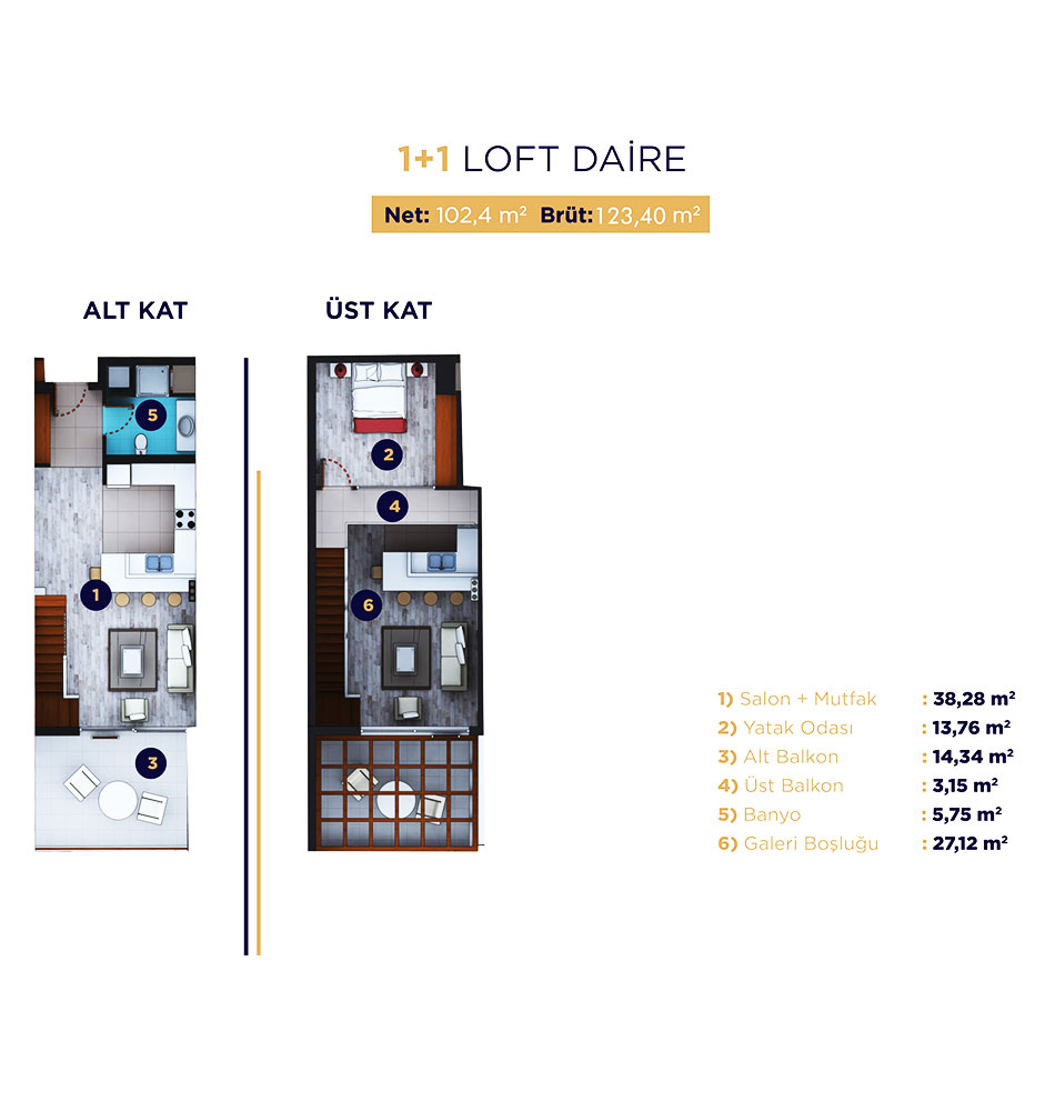 Sirius Loft Residence 1+1  Dubleks Kat Planları